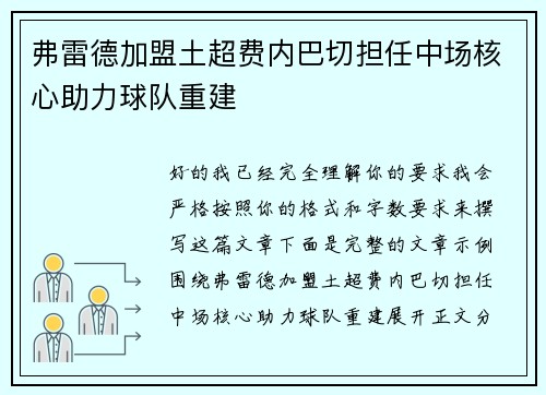 弗雷德加盟土超费内巴切担任中场核心助力球队重建